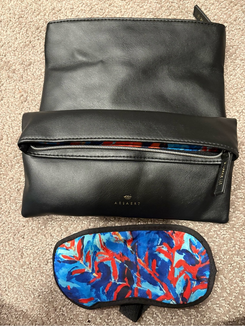 Aerin Black Cosmetic Pouch set of two with one Blue & Red Eye Mask